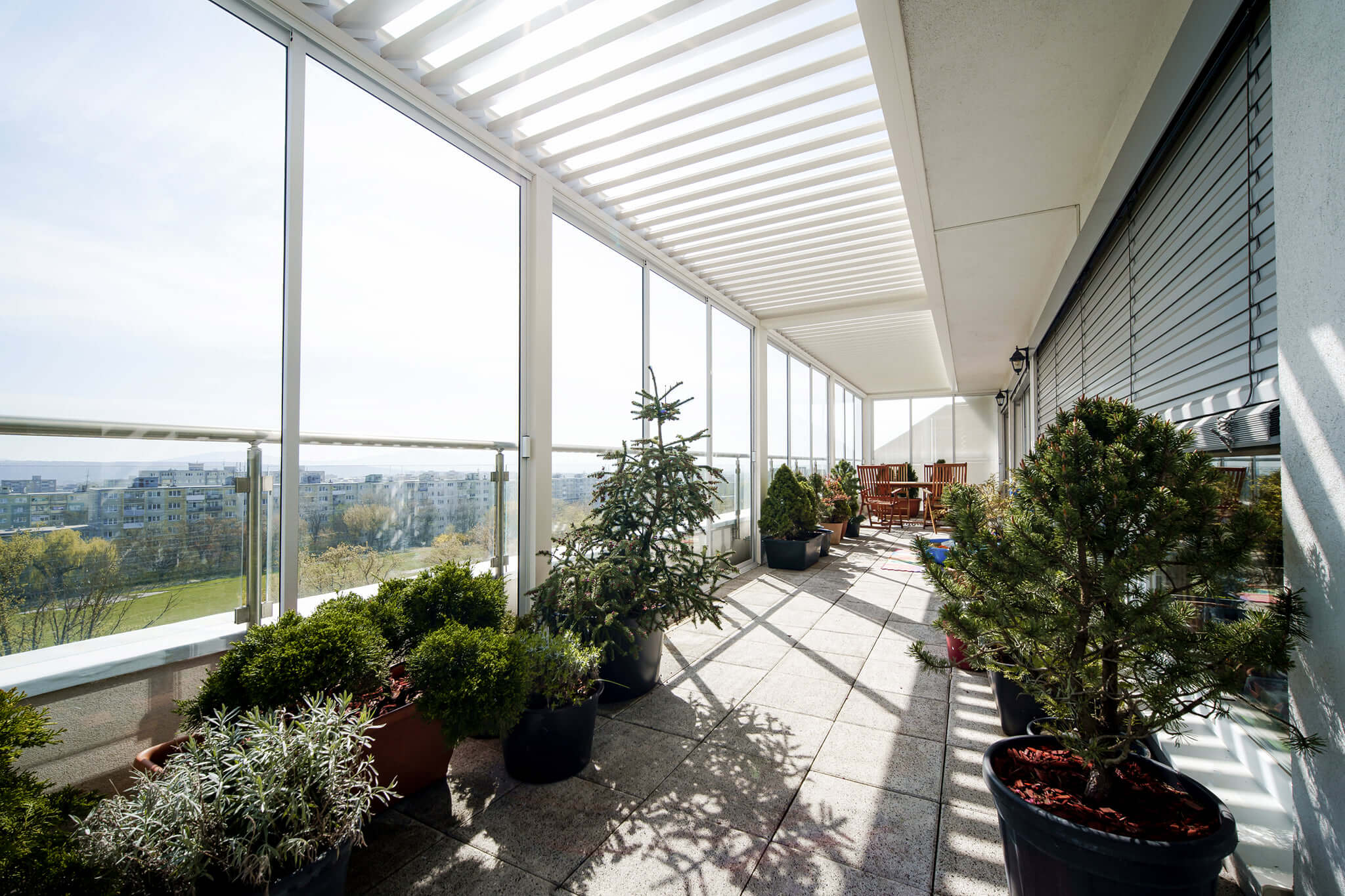 Bioklimatická pergola s rastlinami - pohľad zvnútra von